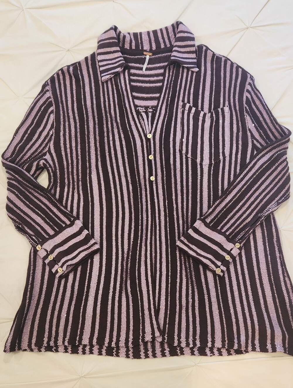Free People Beach Bash Sweater Plum Chocolate Sequined Striped Size XL - Picture 4 of 15